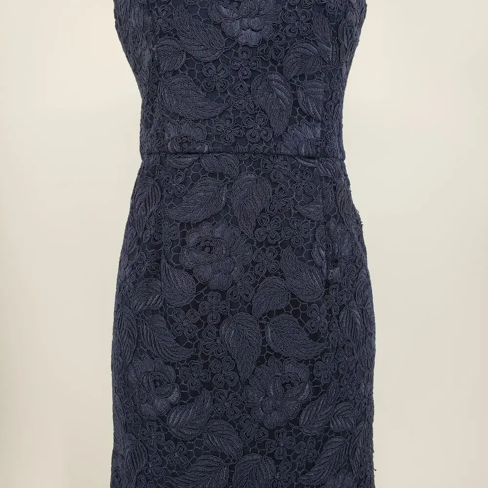 ML Monique Lhuillier Follow Suit Sheath Dress 12 Floral Leaf Lace Cocktail Navy - Picture 9 of 14
